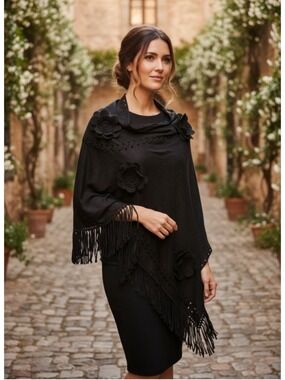Janice Black Faux Suede Floral Fringe shawl Wrap One Size NWT